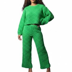 XPlusWear Boxy Crinkle Long Sleeve Cropped Top and Pant Set in Green, Size 2XL